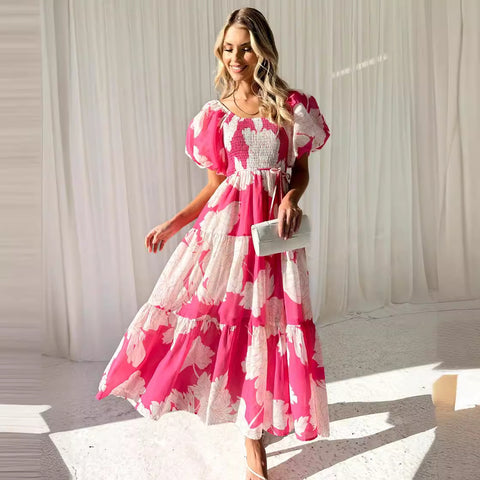 Robe élégante à imprimé floral, épaules dénudées, manches bouffantes, M300289 