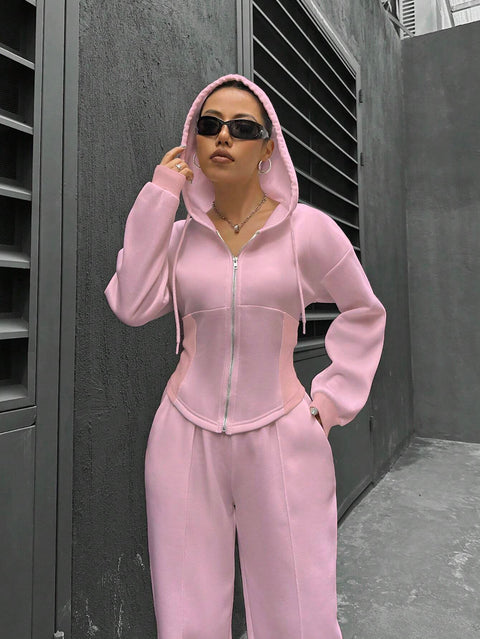 Zweiteiliger trendiger Kapuzen-Cardigan, schlanker, lässiger Zweiteiler für Damen, m300946 