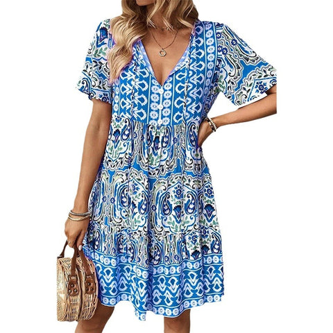 Nouvelle robe à col en V, jupe ample à imprimé bohème à la mode m300994 