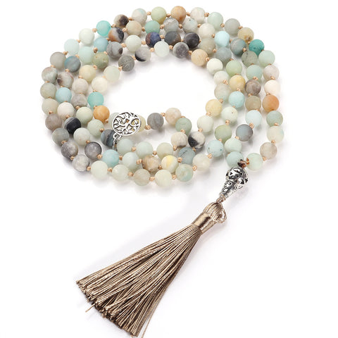 Collier de 108 perles en pierre naturelle Mara, chaîne de pull nouée à la main avec franges m3331281 