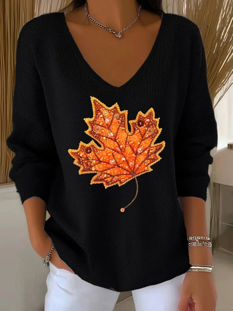 Shoulder V-neck long-sleeved autumn leaf 3D digital printing women's top FF303401 01