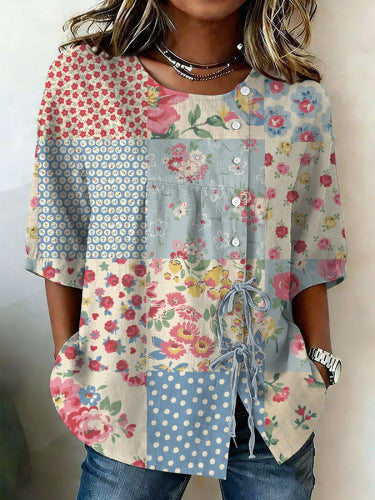 Color matching loose blouse five-button drawstring shirt m302758