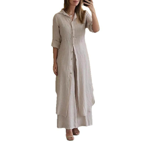 Ensemble élégant en coton et lin, coupe ajustée, chemise à manches longues et pantalon large m301063 