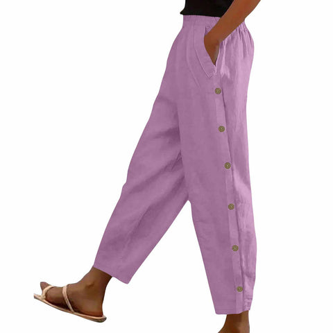Side button pocket solid color mid-waist cotton and linen casual loose trousers m302831