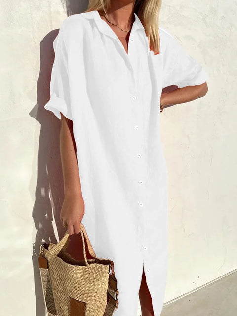 Robe chemise élégante, décontractée, ample, à manches courtes, en coton et lin, avec poches longues, m301256 