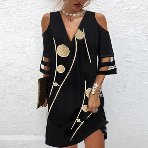 Robe à manches mi-longues et col en V avec coutures en maille fleurie M300180 