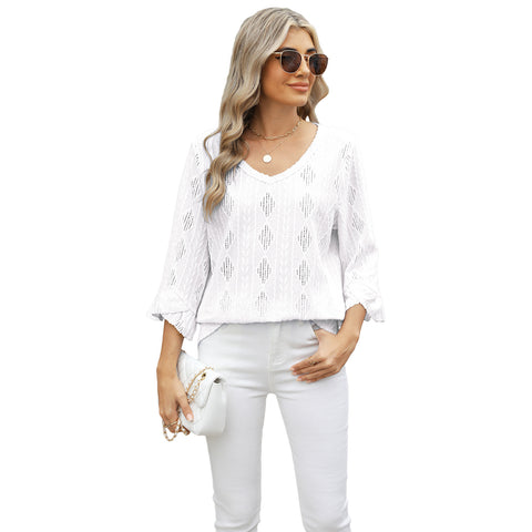 Spring and summer new v-neck rhombus grid hollow jacquard horn sleeve loose t-shirt women's m301965