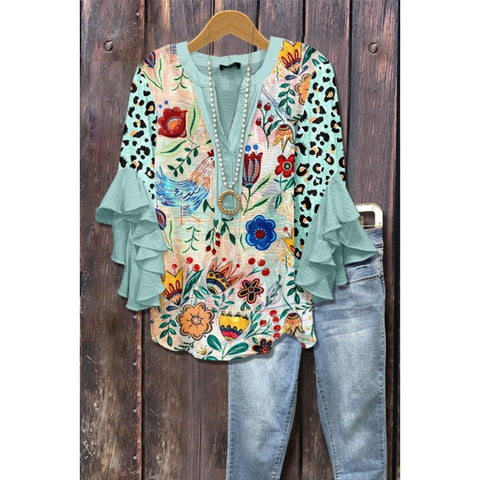 Floral element printing digital printing casual trend V-neck lotus edge T-shirt women's upper m302746