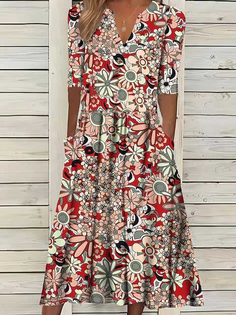 Elegantes Kleid mit V-Ausschnitt und Fünfviertelärmeln und Print m301208 