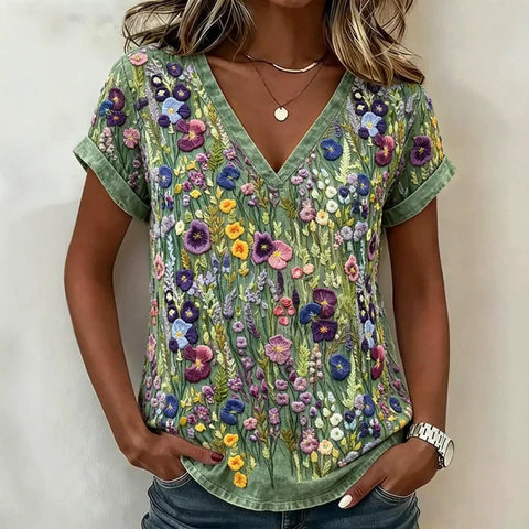 Kreative florale Elemente 3D Digitaldruck V-Ausschnitt Damen T-Shirt m303028