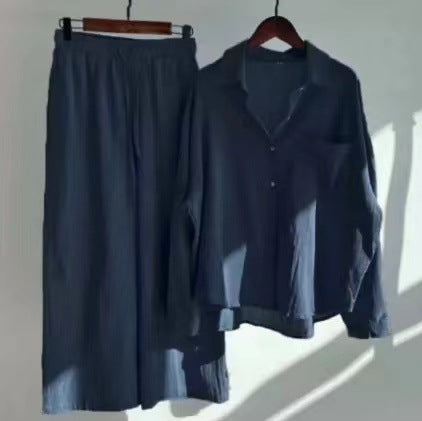 Cotton and linen shirt set high waist loose trousers m301983