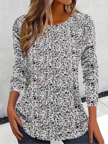 T-shirt décontracté à manches longues et col rond imprimé en 3D motif fleur pour femme m301719