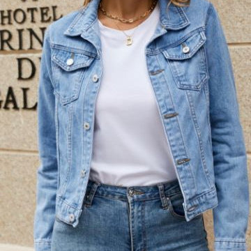 Women's fashion trend lapel pocket single-breasted short denim jacket m301642