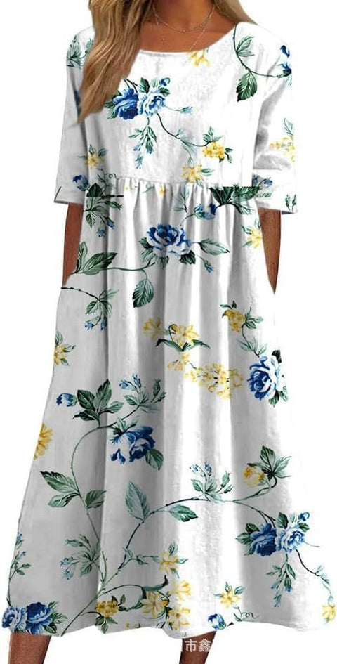 Robe longue décontractée à col ras du cou et manches courtes pour femme, imprimé 3D, taille plissée, style trapèze, m301299 