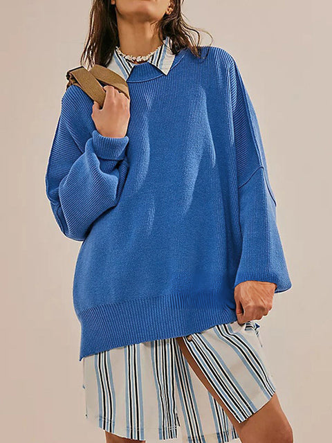 Crew neck bat wing long-sleeved sweater autumn knitted side slit jumper m301590