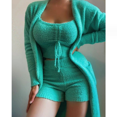 Plüschiges dreiteiliges Pyjama-Set mit Schnürung, lässiges Loungewear-Set, m301066 