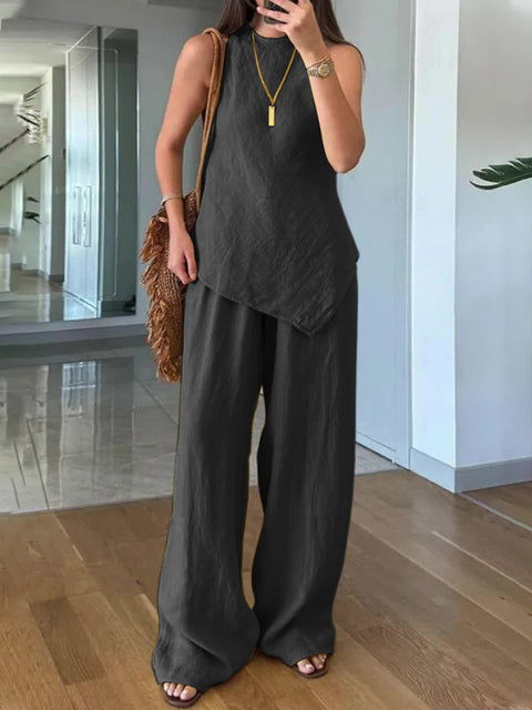 Casual round neck pullover sleeveless plus pocket trousers cotton multi-color m301437
