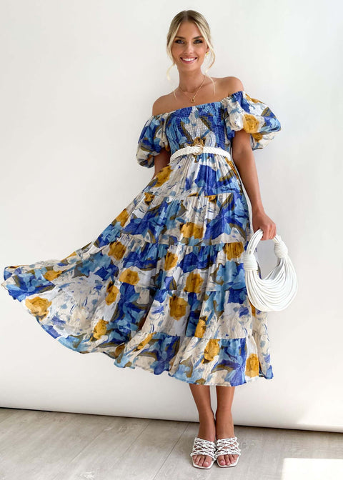 Robe longue imprimée à manches bouffantes et épaules dénudées pour femme M300282 