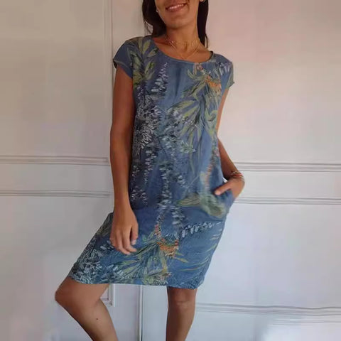 Robe ample à col rond et manches courtes imprimée m300103 