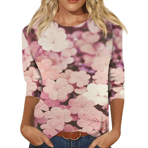 Pull ras du cou à manches sept-quarts et imprimé 3D de fleurs et de plantes m300615 