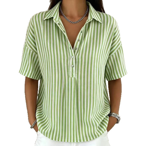 Women's fashion casual striped short-sleeved shirt lapel m302741