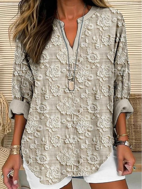 Petit T-shirt à manches longues et col en V pour femme, boutonné sur l'épaule, ourlet incurvé, m301361 