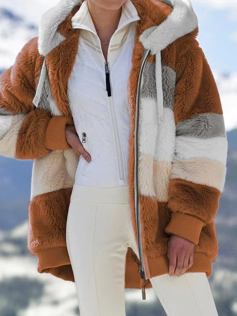 Warm plush patchwork zipper pocket hooded loose coat women m300611