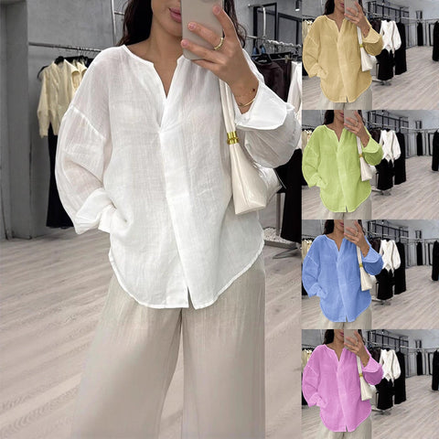 casual long-sleeved V-neck regular multi-color women's top shirt m303110