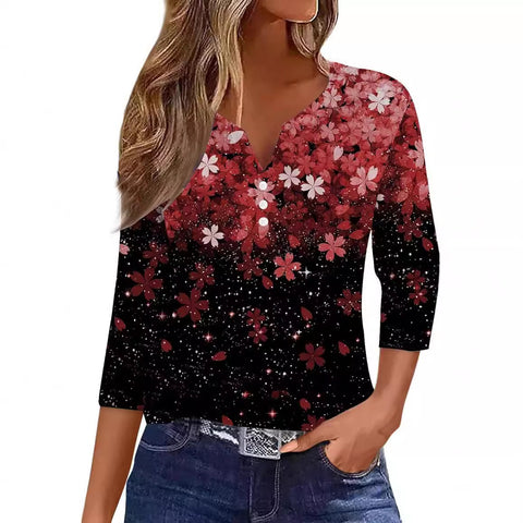 Col en V, manches sept-quarts à trois boutons, imprimé floral, vêtements amples pour femmes à la mode et décontractés m300565 