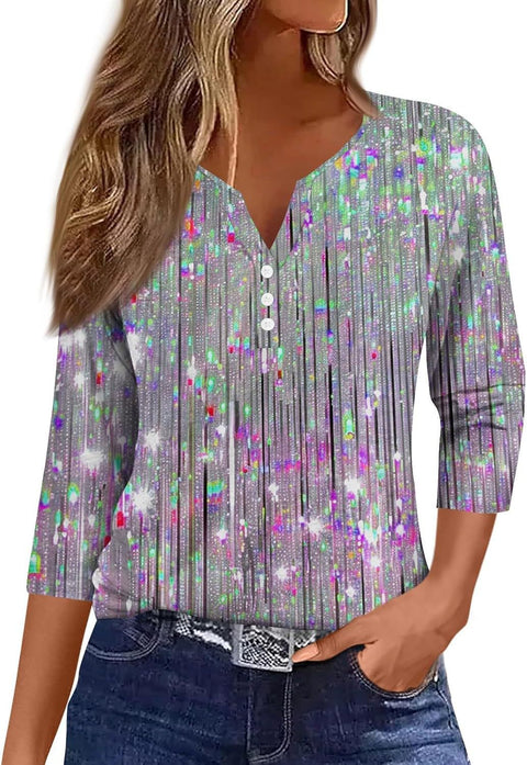 Vêtements pour femmes à motif marbré, col en V, trois boutons, manches sept-quarts, m300581 