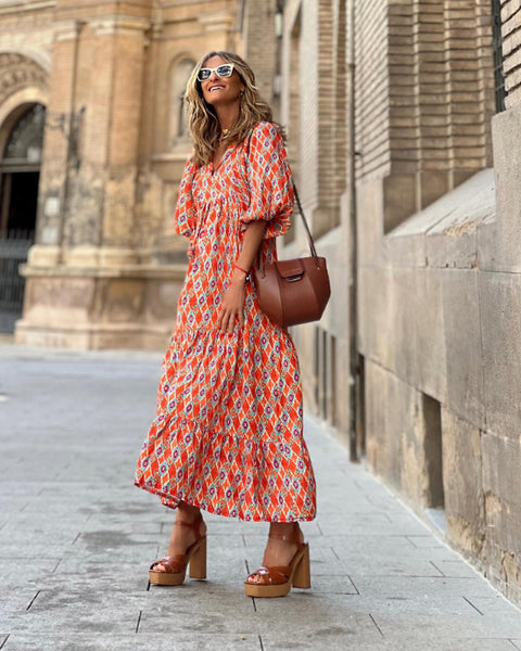 Robe à manches bouffantes à imprimé géométrique, jupe de rue frite m300902 