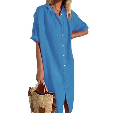 Robe chemise élégante, décontractée, ample, à manches courtes, en coton et lin, avec poches longues, m301256 