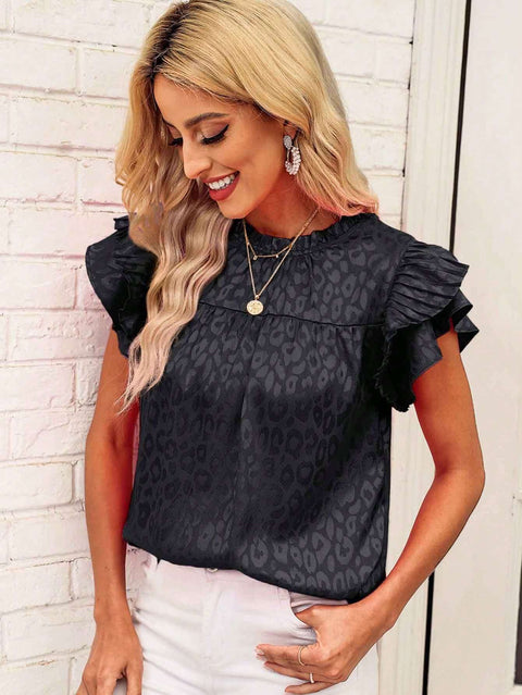 Haut polyvalent à manches longues et col ondulé pour femme, imprimé feuilles de lotus, M300881 
