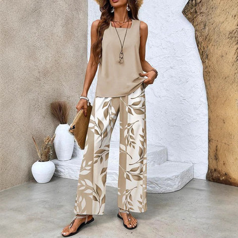 Lässige Pulloverweste mit quadratischem Ausschnitt und Hose mit Digitaldruck für Damen, zweiteilig, m301436 