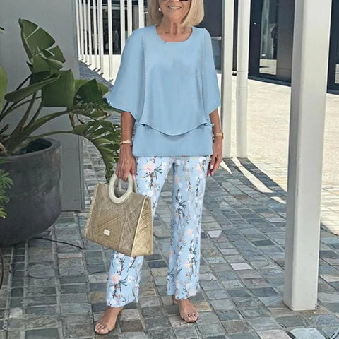 Casual round neck medium sleeve top printed flower pants set two-piece set m301465