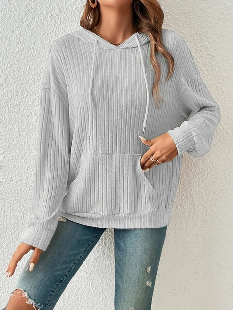Damen-Strickpullover mit Kapuze, Pit-Streifen und Kängurutasche, m300525 