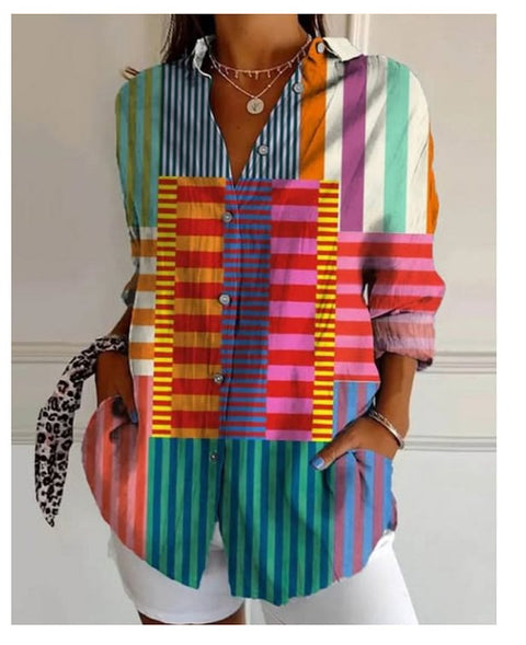 Chemise en lin à manches longues et boucle pour femme, motif abstrait imprimé numérique 3D, M301277 