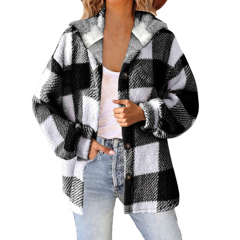 Bedruckte karierte Kapuzenjacke mit Knöpfen, Plüsch-Thermojacke für Damen, m300438 