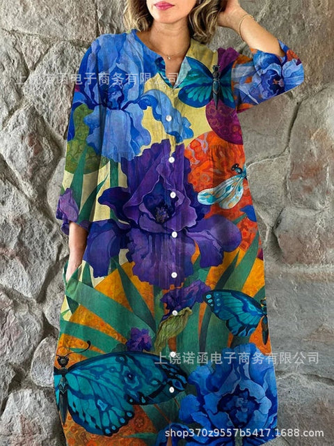 Robe chemise ample à col ras du cou et manches longues pour femme, imprimée, de qualité supérieure, m301050