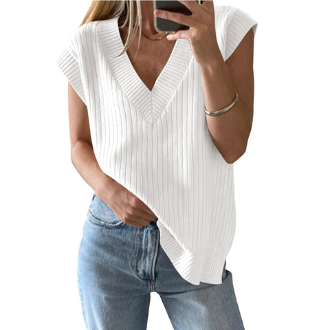 Pull-over ample sans manches à col en V, style décontracté, m300955 