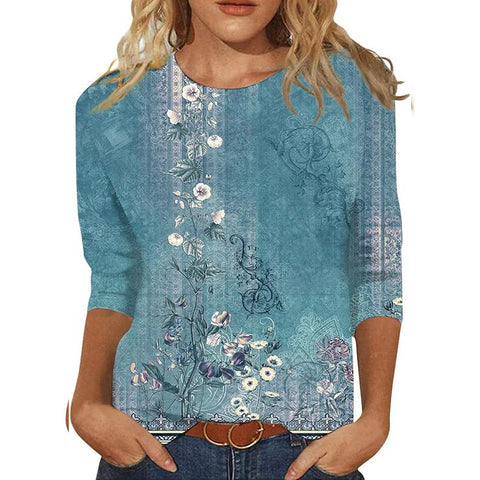 Pull ras du cou à manches sept-quarts et imprimé 3D de fleurs et de plantes m300615 