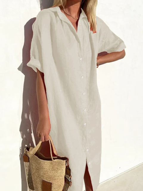 Robe chemise élégante, décontractée, ample, à manches courtes, en coton et lin, avec poches longues, m301256 