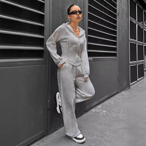 Zweiteiliger trendiger Kapuzen-Cardigan, schlanker, lässiger Zweiteiler für Damen, m300946 