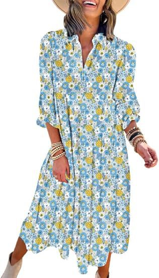 Robe ample à manches longues et col en V pour femme, style bohème, florale, élégante, en forme de A, m300573 