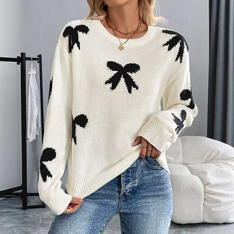 Rundhals-Jacquard-Pullover mit Schleife für Herbst und Winter für Damen m300804 