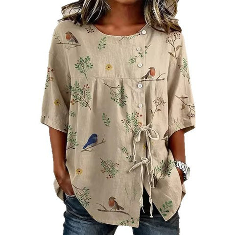 Color matching loose blouse five-button drawstring shirt m302758
