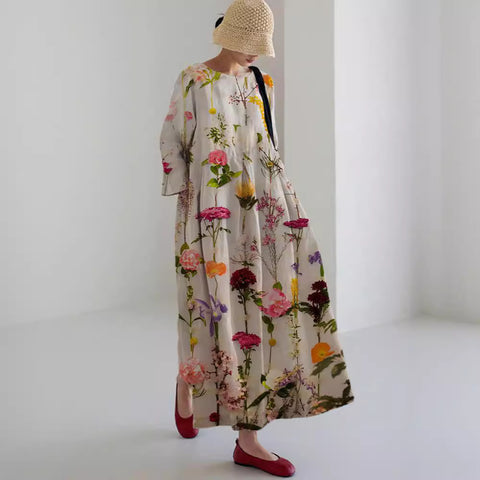 Robe ample à col ras du cou et manches longues imprimée haut de gamme m301044