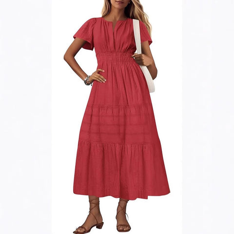 Fashion V-neck pleated bubble sleeves layered pendulum dress women m302009