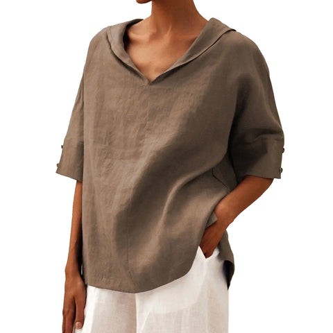 Solid color cotton and linen loose hooded top T-shirt m302700