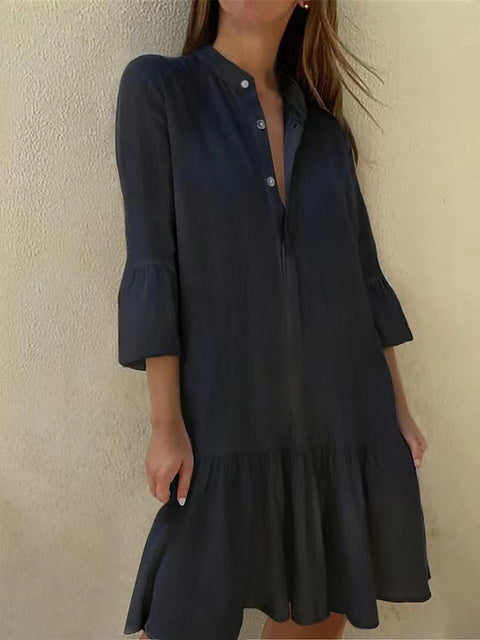 Robe chemise boutonnée à col montant et manches 9/4 en coton avec ourlet plissé m300679 